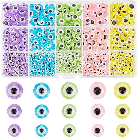 NBEADS 650 Pcs Resin Evil Eye Beads, Flat Round Evil Eye Beads Colorful Resin Charms Evil Eye Loose Beads for DIY Jewelry Making, 5 Colors