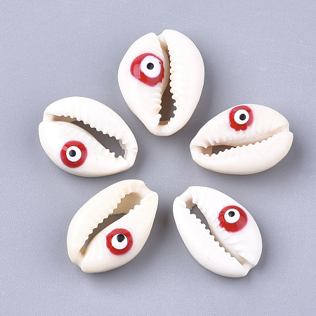 Cowrie Shell Beads, with Enamel, No Hole/Undrilled, Eye, Red, 19~22x14~16x6~8mm