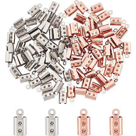 DICOSMETIC 100Pcs 2 Colors Stainless Steel Folding Crimp Ends Rose Gold Color Cord End Clasps Tips Jewelry Connectors with Loop for DIY Jewelry Making Necklaces Bracelets, Hole: 1.4mm