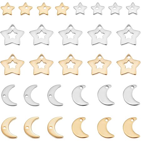 SUPERFINDINGS 80pcs 8 Styles Stainless Steel Moon Star Charms Hollow Star Pendants Long-Lasting Plated Star Moon Charms Pendants for DIY Crafting Jewelry Making