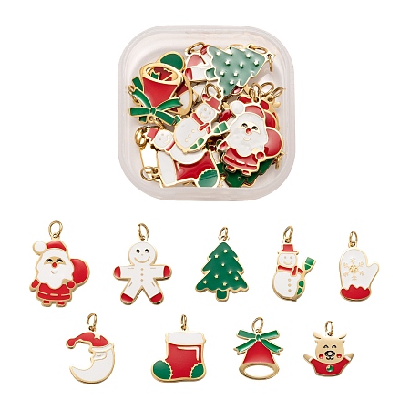 Arricraft 18Pcs 9 Styles Real 14K Gold Plated 316 Surgical Stainless Steel Enamel Charms, with Jump Rings, for Christmas, Snowman & Santa Claus & Glove & Gingerbread Man & Moon & Tree & Reindeer & Sock & Bell, Mixed Color, 12~16.5x8.5~12x1mm, Jump Ring: 3.8x0.6mm, 2.6mm inner diameter, 2pcs/style