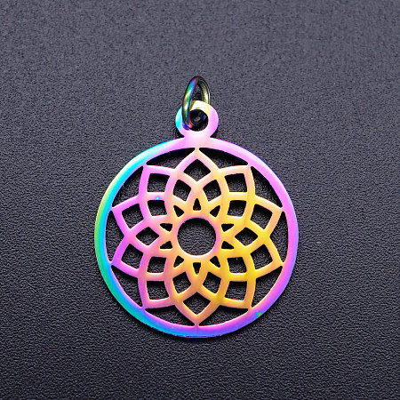 Honeyhandy Ion Plating(IP) 201 Stainless Steel Pendants, with Jump Rings, Chakra, Sahasrara, Ring with Flower, Rainbow Color, 22.5x19x1mm, Jump Ring: 5x0.8mm, Inner Diameter: 3mm