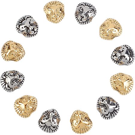 UNICRAFTALE 12pcs 2 Colors Lion Metal Beads Antique Silver and Golden European Beads Stainless Steel Loose Beads for DIY Beading Jewelry Making 3mm Hole