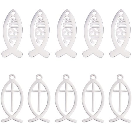 UNICRAFTALE 20pcs 2 Style Stainless Steel Color Fish Charms 23mm Long 304 Stainless Steel Jesus Fish Pendants Vertical Fish with Cross Charm Dangle, Metal Fish Pendants for Jewelry Making