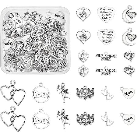 PandaHall Elite Mother's Day Gift Charms, 72pcs 12 Styles Love Heart Pendant Charms Tibetan Style Filigree Alloy Pendants for Necklace Bracelet Jewelry Making Crafting Findings, Antique Silver