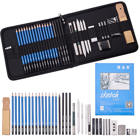 PandaHall Elite Charcoal Drawing Sketch Pencils Set 35pcs- with Graphite & Charcoal Pencils, Erasers, Craft Knife, Sketch Book, Sharpener, Zippered Carry Case Art Tools and Accessories