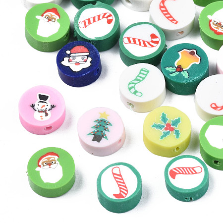 Handmade Polymer Clay Beads, Flat Round with Christmas Themed Patterns, Mixed Color, 9.5~10x4~5mm, Hole: 1.6mm