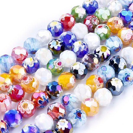 ARRICRAFT Faceted Round Handmade Millefiori Glass Beads Strands, AB Color Plated, Mixed Color, 9.5~10mm, Hole: 1.5mm, about 38pcs/strand, 14.1 inches