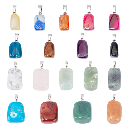 Natural Mixed Gemstone Pendants, Dyed, with Stainless Steel and Brass Findings, Cuboid & Nuggets, 18pcs/set