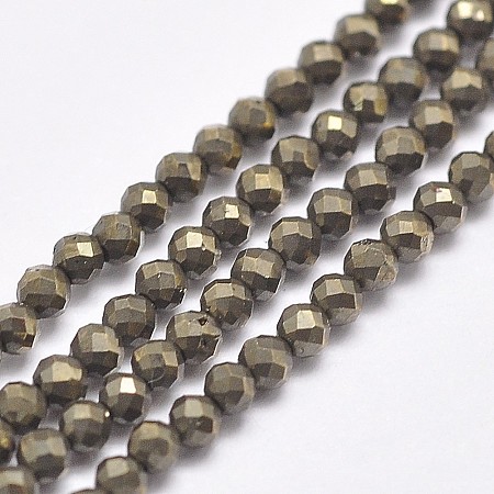 Arricraft Natural Pyrite Beads Strands, Faceted, Round, 2mm, Hole: 0.2mm, about 192~200pcs/strand, 15.2 inches(38.5cm)