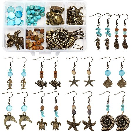 SUNNYCLUE DIY Retro Ocean Theme Earring Making Kits, include Alloy & Brass Pendants, Natural Freshwater Shell Beads, Mixed Gemstone Beads, Brass Earring Hooks, Antique Bronze