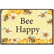 CREATCABIN Metal Tin Sign Bee Happy Retro Vintage Funny Wall Decor Decoration Art Mural Hanging Iron Painting for Home Garden Bar Pub Kitchen Living Room Office Garage Poster Plaque 8 x 12inch