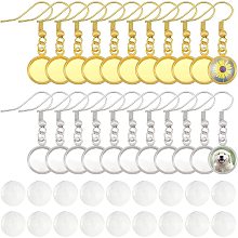 PH PandaHall 56pcs Earring Bezel Blanks, Ear Wire Hook Bezel Round Trays Base Dangle Earring Iron Earring Tray Bezel With 60pcs Glass Cabochons for Earring Making Fit 10mm Cabochons, Platinum & Golden