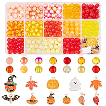 PandaHall Elite Halloween Theme DIY Jewelry Making Findings Kits, Including Acrylic Beads, Alloy Enamel Pendants, Pumpkin & Ghost & Bat & Maple Leaf, Orange, 7.5~8x7~8mm, Hole: 1.3~2mm