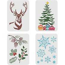 FINGERINSPIRE 4 Pcs Christmas Decor Stencil 11.7x8.3 inch Snowflakes Stencil Plastic Christmas Tree European Holly Pattern Stencils DIY Home Christmas Deer Stencil for Painting on Wood Floor Wall