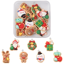 Honeyhandy 14Pcs 7 Styles Christmas Theme Opaque Resin Pendants, with Platinum Tone Iron Loops, Snowman & Reindeer & Santa Claus, Mixed Shapes, Mixed Color, 26~31x18~22x5~6.5mm, Hole: 2mm, 2pcs/style