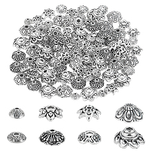 PandaHall Elite 160Pcs 8 Style Tibetan Style Alloy Bead Caps, Flower, Antique Silver, 6~12x2~10mm, Hole: 1~2mm, 20pcs/style