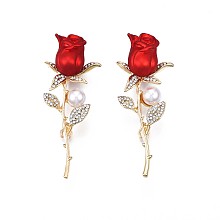 Honeyhandy Rose Flower Enamel Pin with Plastic Pearl, 3D Alloy Brooch with Crystal Rhinestone for Backpack Clothes, Nickel Free & Lead Free, Light Golden, Red, 63x25mm