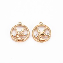 Brass Micro Pave Clear Cubic Zirconia Charms, Nickel Free, Christmas, Flat Round with Deer, Real 18K Gold Plated, 15x13x2.5mm, Hole: 1.2mm