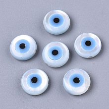 Honeyhandy Natural White Shell Mother of Pearl Shell Beads, with Synthetic Turquoise, Evil Eye, Deep Sky Blue, 8x3mm, Hole: 0.8mm