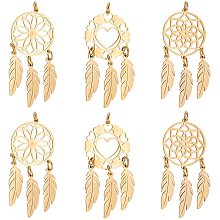 DICOSMETIC 6Pcs 3 Style Stainless Steel Golden Dreamcatcher Pendant with Feather Indians Style Dream Catcher Pendant Woven Net Charm for Bracelet Necklace Earrings Making