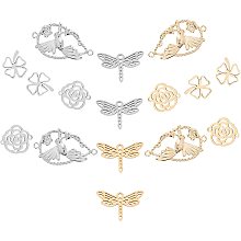 SUNNYCLUE 1 Box 16Pcs 4 Styles Stainless Steel Connectors Charms Animal Links Dragonfly Flower Rose Clover Bird Hollow Linking Charms for Necklaces Earrings DIY Crafts Supplies, Golden Silver