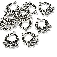 Honeyhandy Tibetan Style Alloy Chandelier Component Links, Hollow-out, Cadmium Free & Lead Free, Flat Round with Heart, Antique Silver, 24x20x2mm, Hole: 1.8mm