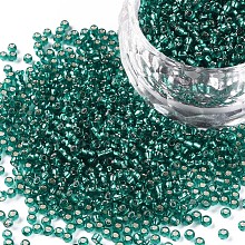 Honeyhandy 11/0 Grade A Transparent Glass Seed Beads, Silver Lined Round Hole, Dark Turquoise, 2x1.5mm, Hole: 0.3mm, about 3000pcs/50g