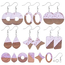 SUNNYCLUE DIY Dangle Earring Making Kits, include Transparent Resin & Walnut Wood Pendants, Brass Earring Hooks and Iron Jump Rings, Mixed Shapes, Lilac, Pendants: 12pcs/box