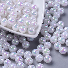 Honeyhandy Eco-Friendly Poly Styrene Acrylic Beads, AB Color Plated, Round, White, 10mm, Hole: 2mm, about 980pcs/500g