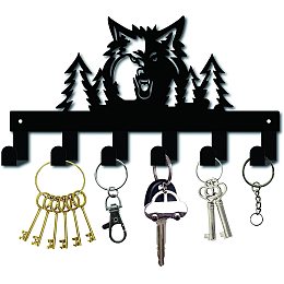 CREATCABIN Metal Key Holder Black Key Hooks Wall Mount Hanger Decor Hanging Organizer Rock Decorative with 6 Hooks Wolf and Tree Pattern for Front Door Entryway Cabinet Towel 10.6 x 5.9 x 1.5 inches