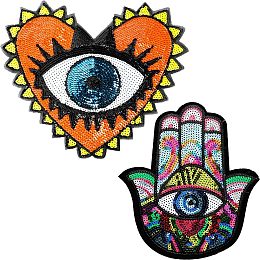 GORGECRAFT 2 Styles Evil Eye Clothes Patches No Glue Large Sequin Patches Hand Eyes Heart Evil Eyes Embroidered Badge Applique Motif Sew On Patches for DIY Sewing Crafts Jacket Jeans Clothing Handbags