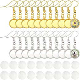 PH PandaHall 56pcs Earring Bezel Blanks, Ear Wire Hook Bezel Round Trays Base Dangle Earring Iron Earring Tray Bezel With 60pcs Glass Cabochons for Earring Making Fit 10mm Cabochons, Platinum & Golden