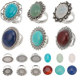 SUNNYCLUE 6Pcs Cabochon Ring Setting Stone Cabochons Flatback Cabochon Stones Healing Energy Stones Vintage Style Oval Ring Blank Gemstone Cabochon Rings for Jewelry Making Kits Adult DIY Supplies