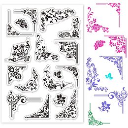 GLOBLELAND Iron Orchid Corner Flourishes Lily of The Valley Rose Lily Flower Clear Stamps Transparent Silicone Stamp Seal for Card Making Decoration and DIY Scrapbooking