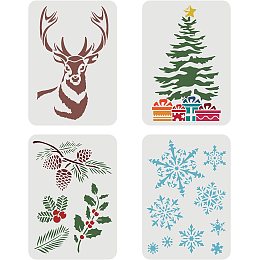 FINGERINSPIRE 4 Pcs Christmas Decor Stencil 11.7x8.3 inch Snowflakes Stencil Plastic Christmas Tree European Holly Pattern Stencils DIY Home Christmas Deer Stencil for Painting on Wood Floor Wall