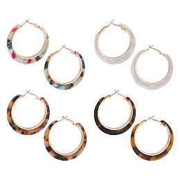 ANATTASOUL 4 Pairs 4 Colors Cellulose Acetate(Resin) Hoop Earrings with Alloy Pins, Round Ring, Mixed Color, 46x4mm, 1 Pair/color