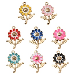 Honeyhandy 8Pcs 8 Colors Alloy Enamel Pendants, Golden, Sunflower, Mixed Color, 27x19x3.5mm, Hole: 1.8mm, 1pc/color