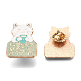 Honeyhandy Cat Have a Cup of Tea Enamel Pin, Light Gold Plated Alloy Word I Work Hard So My Cat Can Live A Better Life Badge for Backpack Clothes, Nickel Free & Lead Free, Medium Aquamarine, 32.5x24mm, Pin: 1.2mm