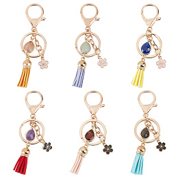 Nbeads 5Pcs 5 Styles Natural Gemstone Nuggets Bead Tassel Pendant Keychain, Alloy Enamel Flower Charm Key Rings for Men Women, Golden, 10.4cm, 1pc/style