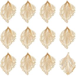 BENECREAT 12pcs Real 18K Gold Plated Brass Leaf Pendants, 43x29x6mm Brass Charms Leaf Charms for Jewelery Making DIY Design Findings, Hole: 1.2mm