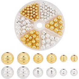 PandaHall Elite 190pcs 3 Sizes Round Spacer Beads, Metal Beads Textured Spacer Beads Gold Brass Spacers Beads Loose Spacer Beads for Making Bracelet Necklace Earring Accessories, 6/8/10mm Gold/Silver