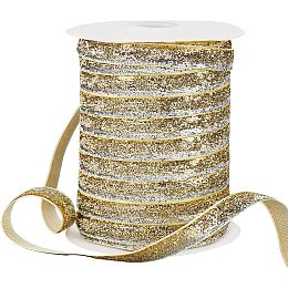 PandaHall Elite 50 Yards Metallic Glitter Ribbon, 3/8" (10mm) Golden Sparkle Ribbon Craft Sewing Trim Polyester Glitter Ribbon for Gift Warpping DIY Crafts Wedding Party Christmas Hair Bows