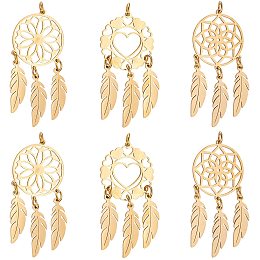 DICOSMETIC 6Pcs 3 Style Stainless Steel Golden Dreamcatcher Pendant with Feather Indians Style Dream Catcher Pendant Woven Net Charm for Bracelet Necklace Earrings Making