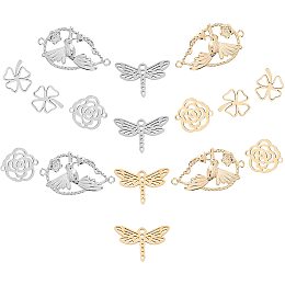 SUNNYCLUE 1 Box 16Pcs 4 Styles Stainless Steel Connectors Charms Animal Links Dragonfly Flower Rose Clover Bird Hollow Linking Charms for Necklaces Earrings DIY Crafts Supplies, Golden Silver