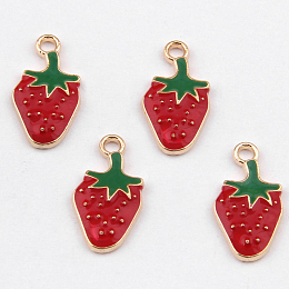 Honeyhandy Alloy Enamel Pendants, Strawberry, Light Gold, 20x10mm