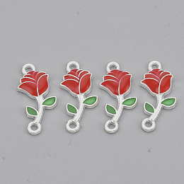 Honeyhandy Alloy Links connectors, with Enamel, Rose, Silver, Red, 21x10x2mm, Hole: 1.5mm