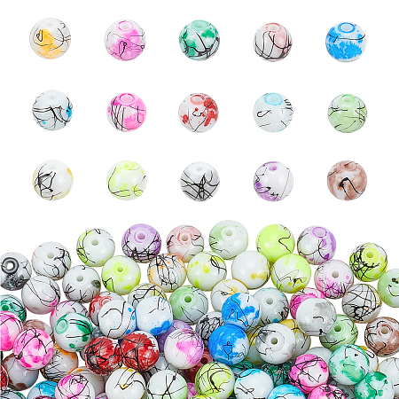 Drawbench & Baking Painted Glass Beads, Round, Mixed Color, 10mm, Hole: 1mm; 15 colors, about 10~15pcs/color, 185~190pcs/box