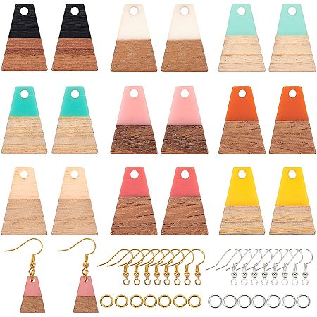 Olycraft DIY Dangle Earring Making Kits, include Resin & Wood Pendants, Brass Earring Hooks & Jump Rings, Trapezoid, Mixed Color, Pendants: 18x12.5x3~4mm, Hole: 2mm, 10 colors, 2pcs/color, 20pcs/box
