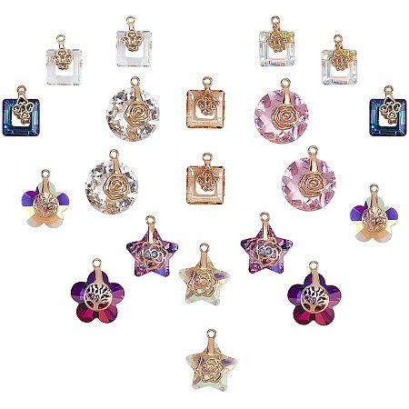 SUNNYCLUE Glass Charms, with Light Gold Plated Brass Ice Pick Pinch Bails, Mixed Shapes, Light Gold, Pendants: 20pcs/box